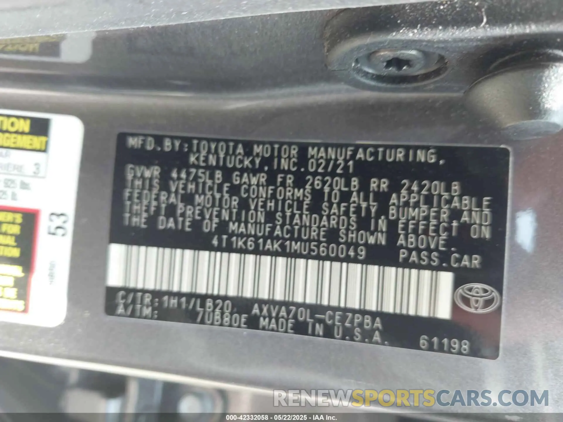 9 Photograph of a damaged car 4T1K61AK1MU560049 TOYOTA CAMRY 2021