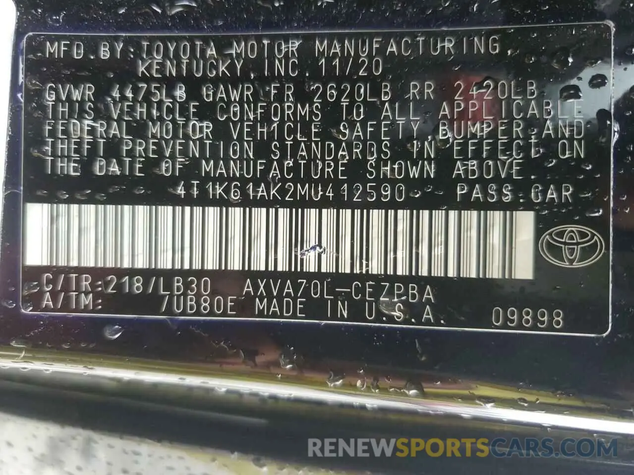 13 Photograph of a damaged car 4T1K61AK2MU412590 TOYOTA CAMRY 2021