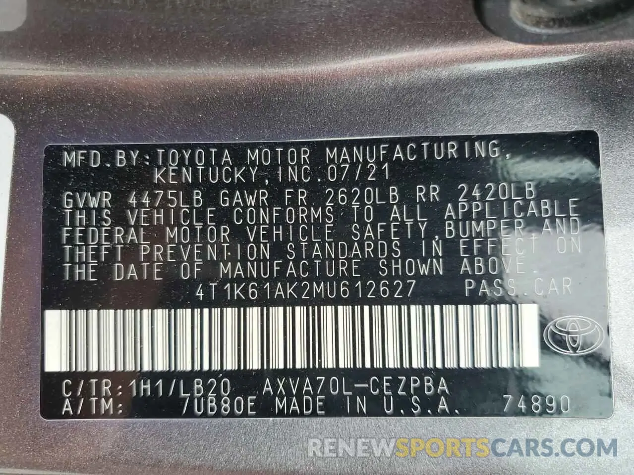 12 Photograph of a damaged car 4T1K61AK2MU612627 TOYOTA CAMRY 2021