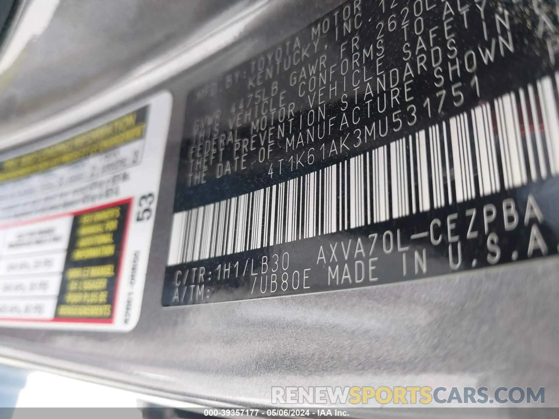 9 Photograph of a damaged car 4T1K61AK3MU531751 TOYOTA CAMRY 2021