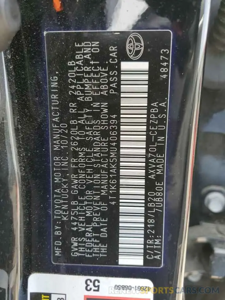 12 Photograph of a damaged car 4T1K61AK5MU406394 TOYOTA CAMRY 2021