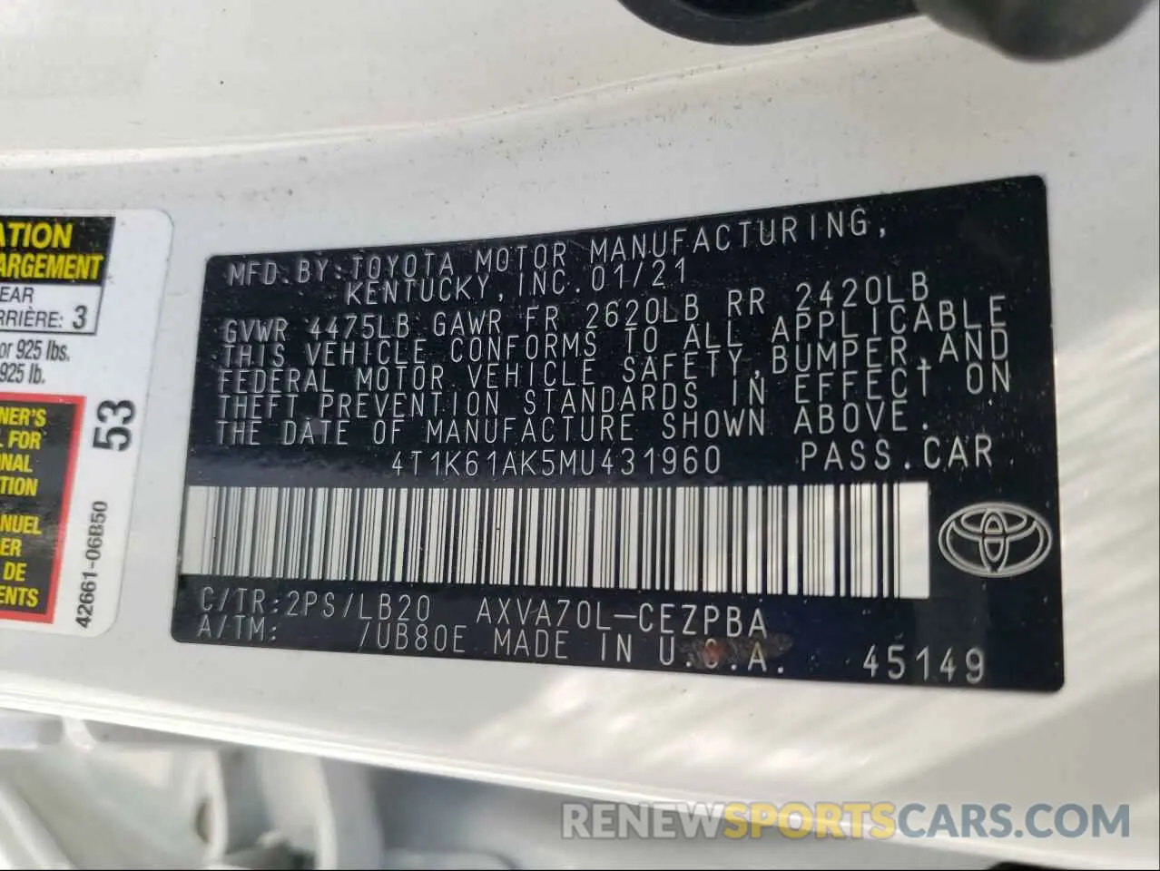 10 Photograph of a damaged car 4T1K61AK5MU431960 TOYOTA CAMRY 2021