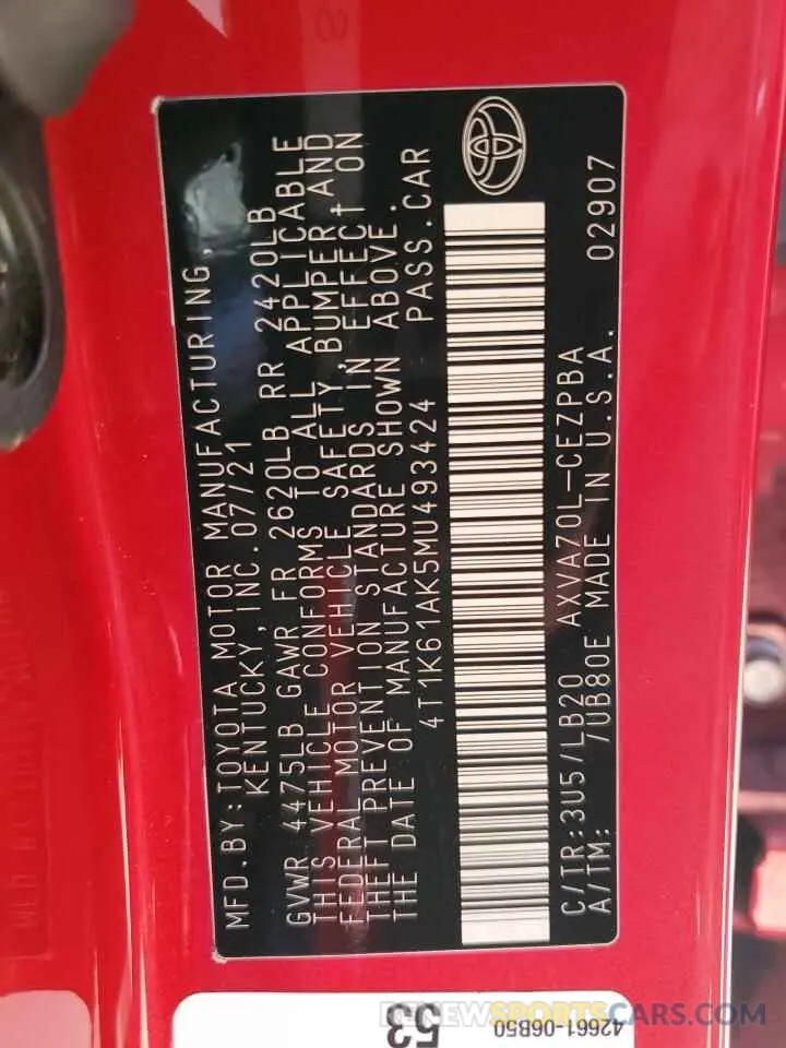 12 Photograph of a damaged car 4T1K61AK5MU493424 TOYOTA CAMRY 2021