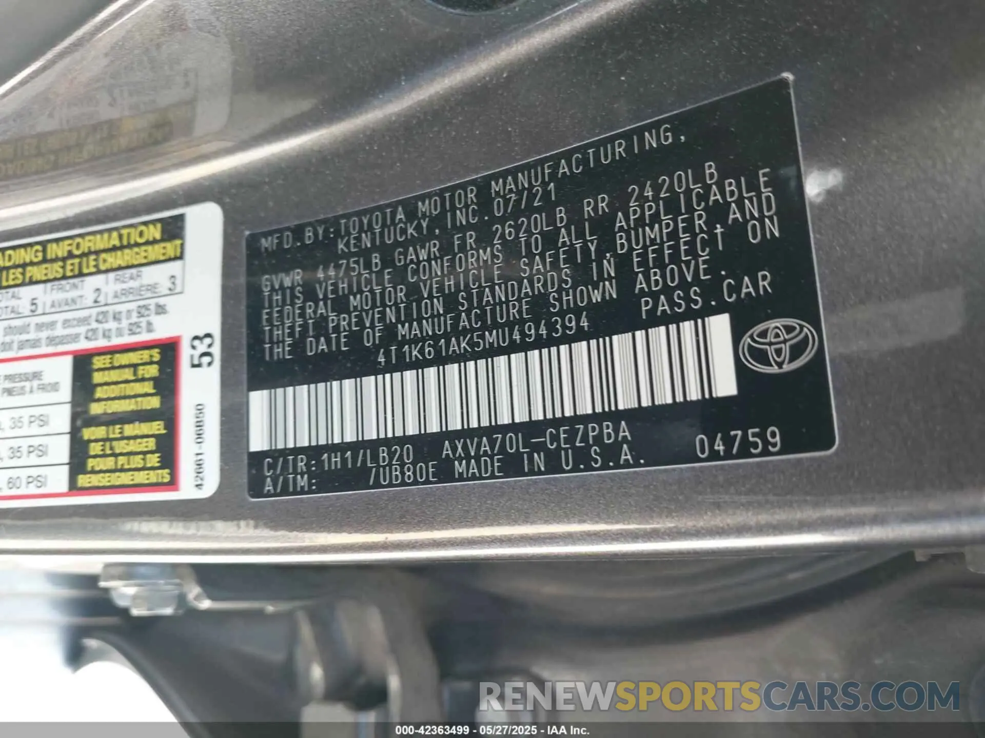 9 Photograph of a damaged car 4T1K61AK5MU494394 TOYOTA CAMRY 2021