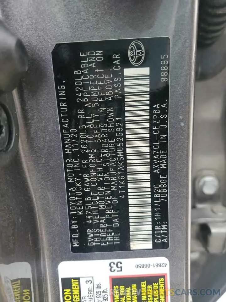 12 Photograph of a damaged car 4T1K61AK5MU525921 TOYOTA CAMRY 2021
