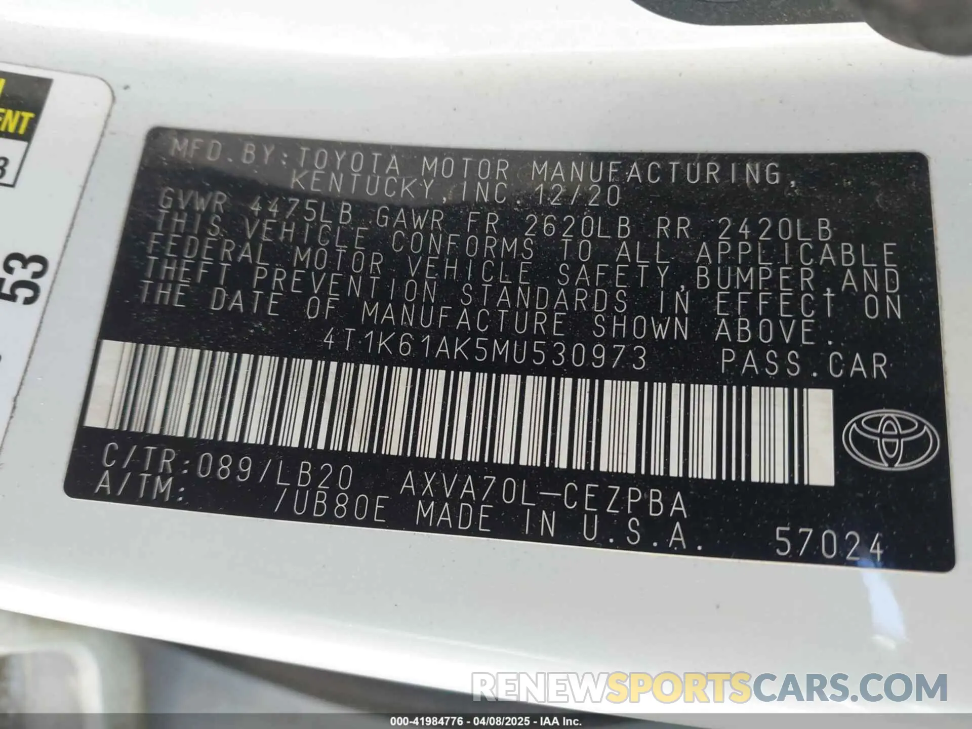 9 Photograph of a damaged car 4T1K61AK5MU530973 TOYOTA CAMRY 2021