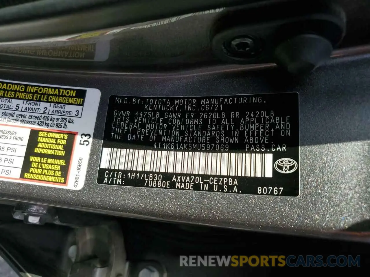 12 Photograph of a damaged car 4T1K61AK5MU597069 TOYOTA CAMRY 2021