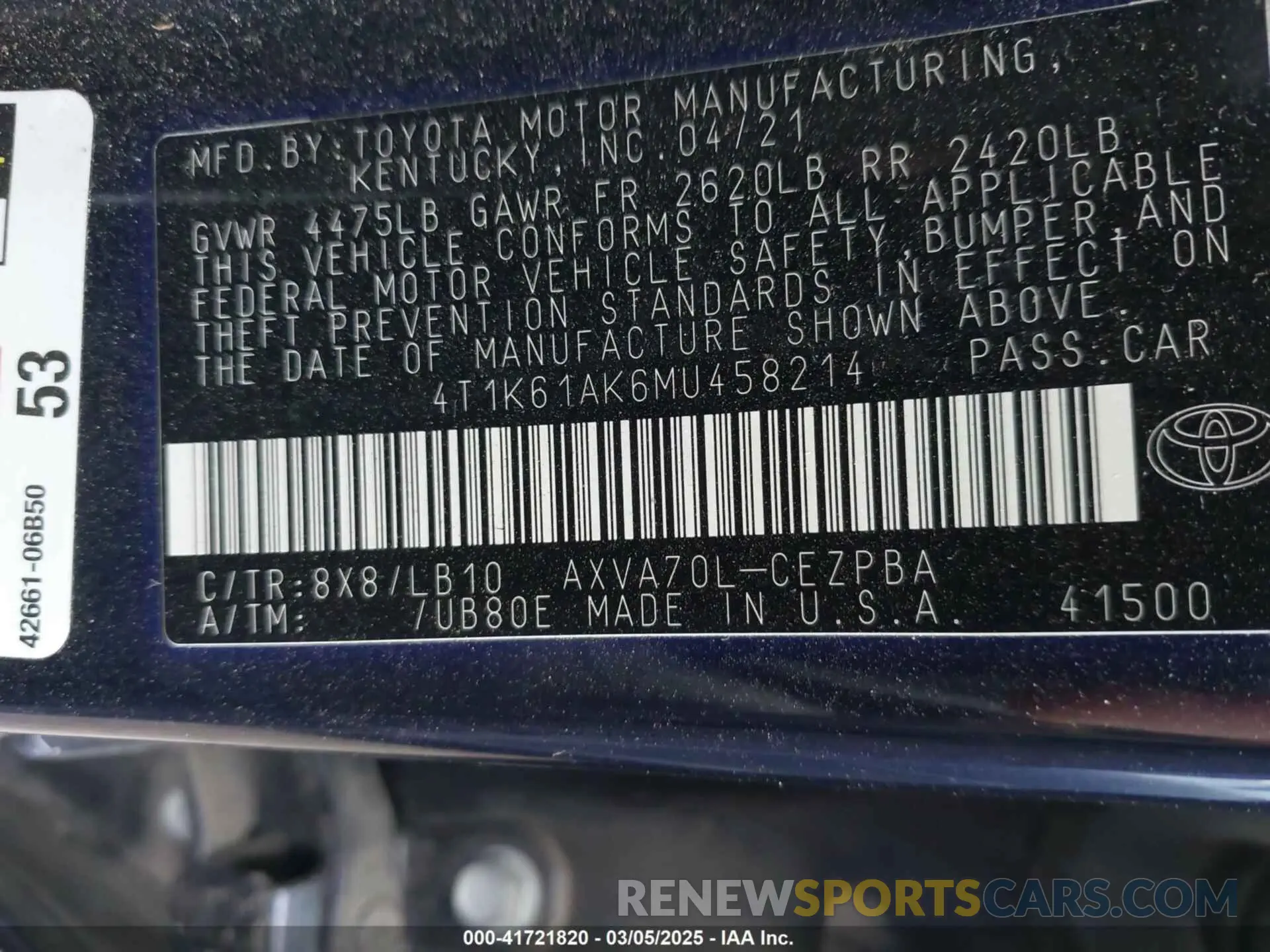 9 Photograph of a damaged car 4T1K61AK6MU458214 TOYOTA CAMRY 2021