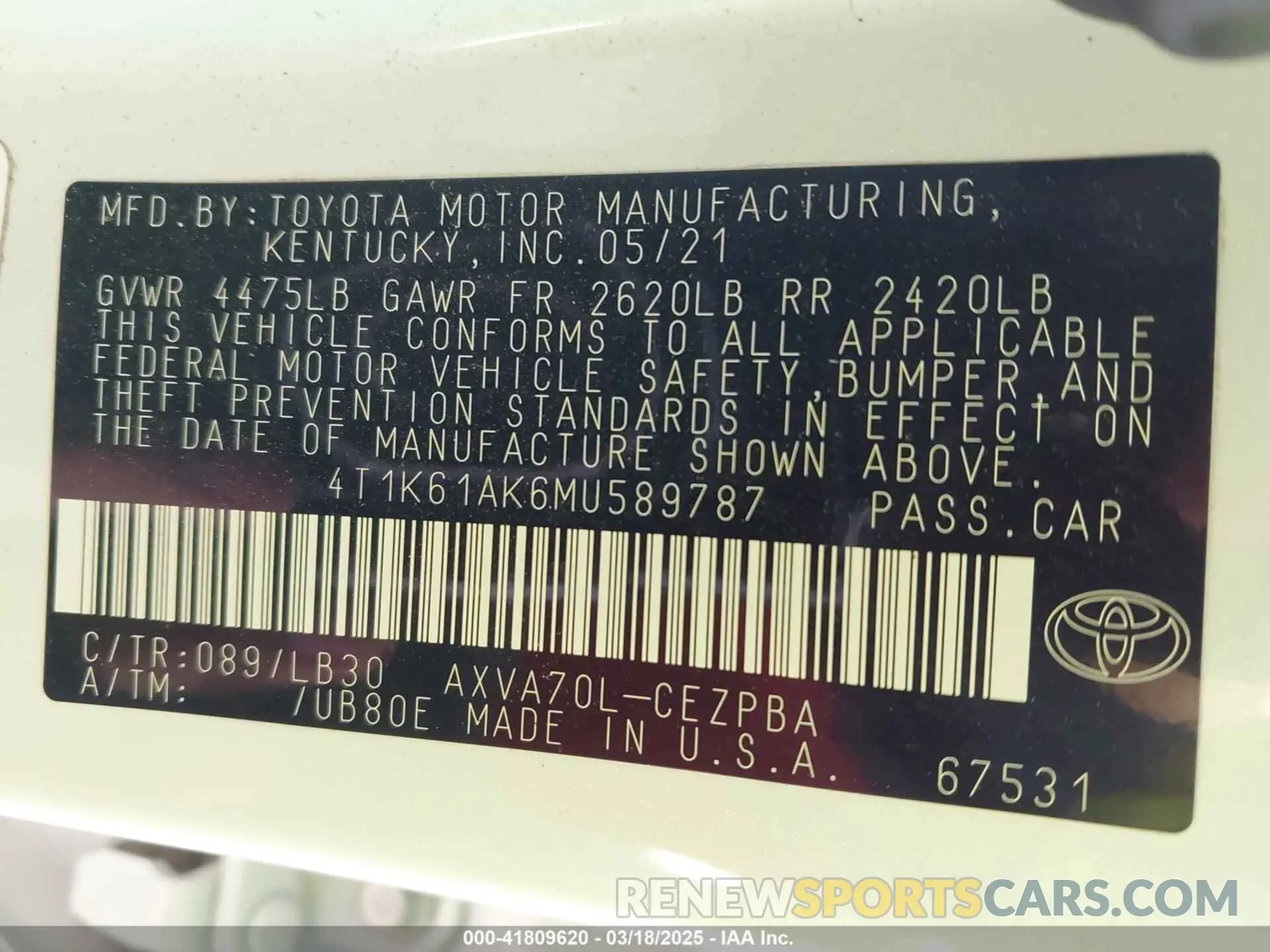 9 Photograph of a damaged car 4T1K61AK6MU589787 TOYOTA CAMRY 2021