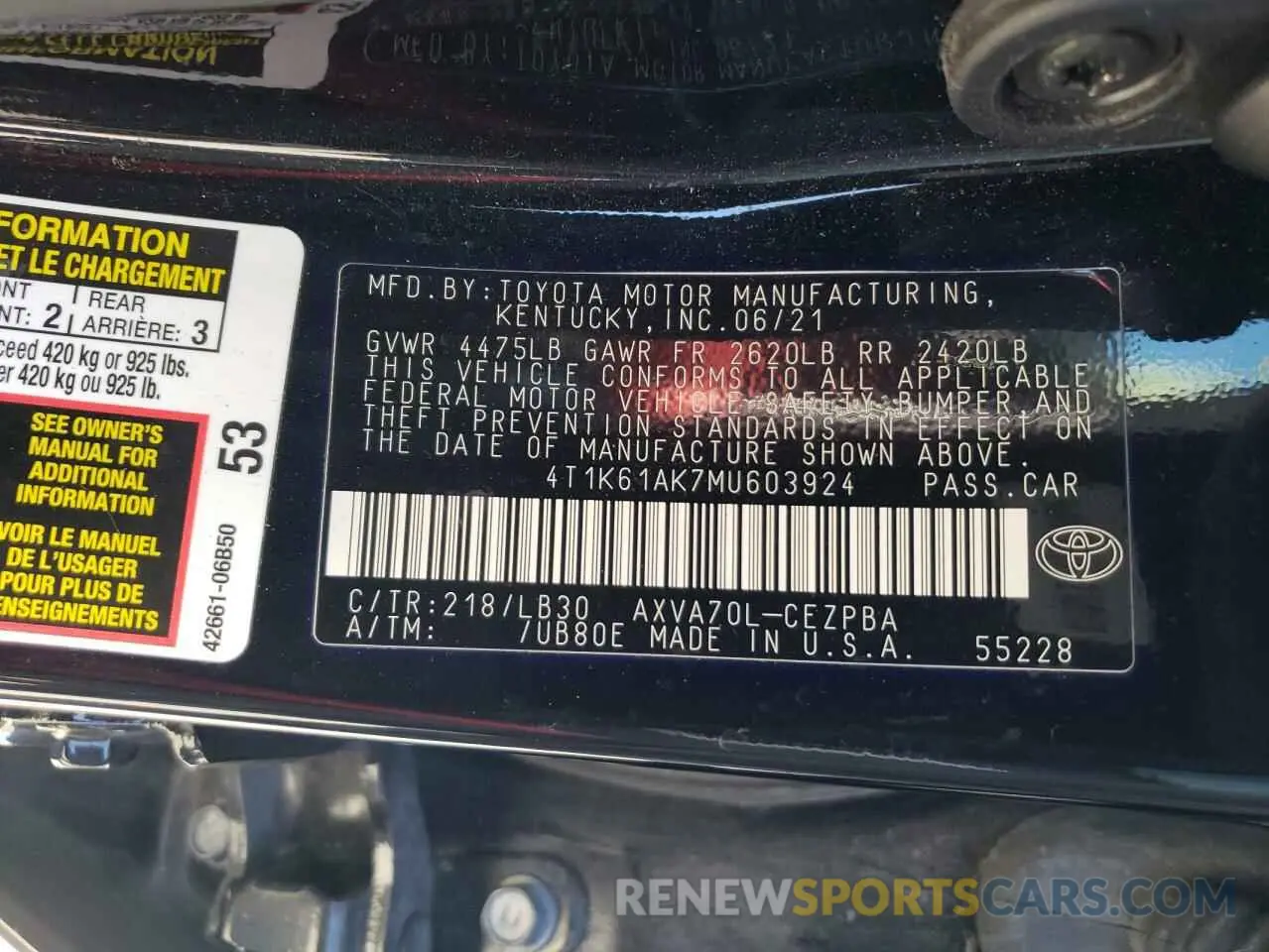 14 Photograph of a damaged car 4T1K61AK7MU603924 TOYOTA CAMRY 2021