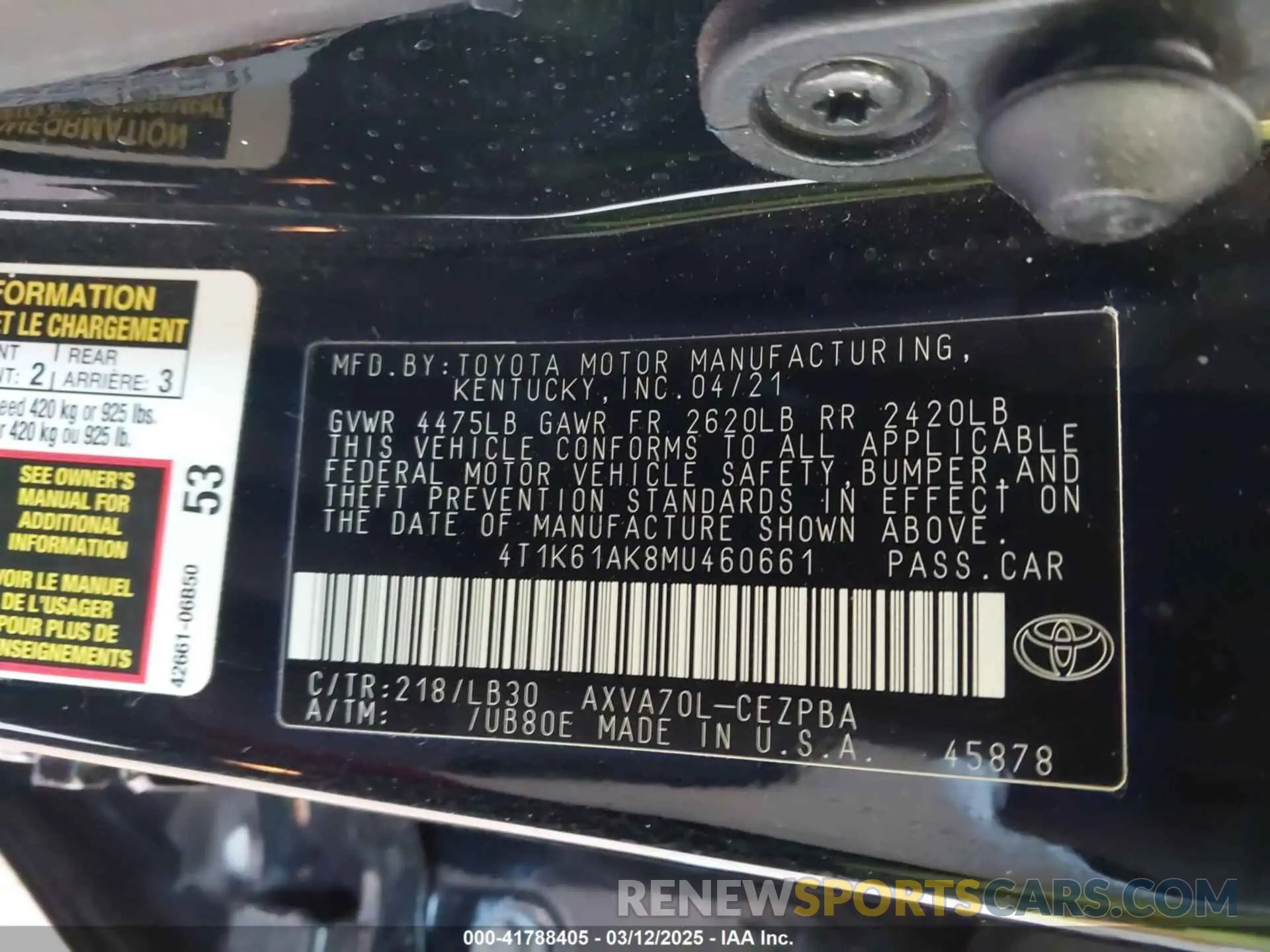 9 Photograph of a damaged car 4T1K61AK8MU460661 TOYOTA CAMRY 2021