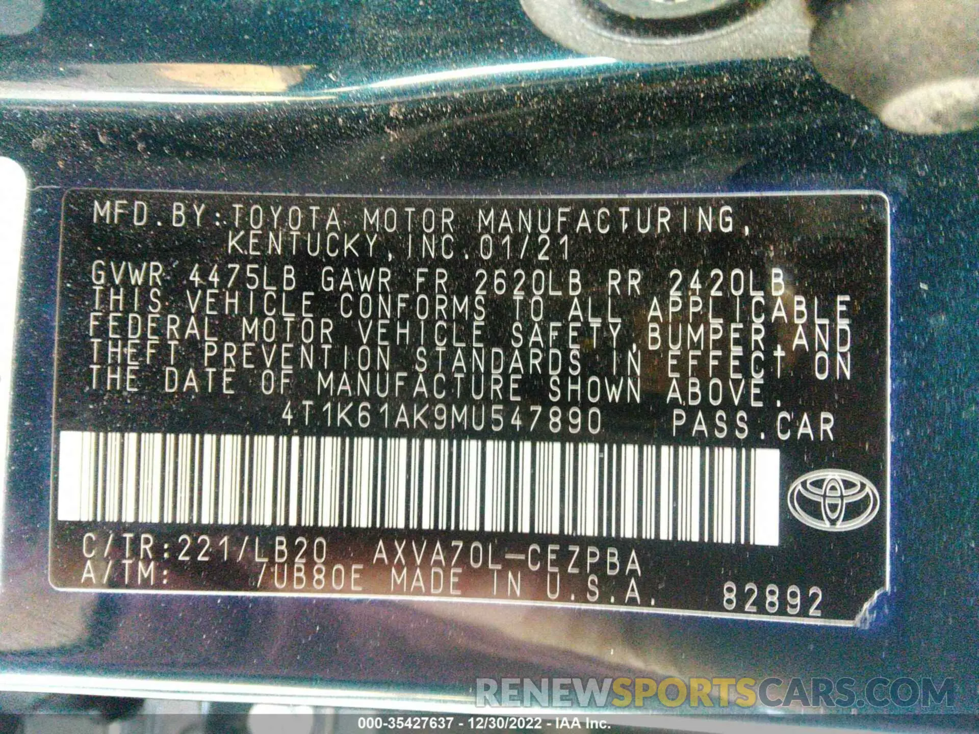 9 Photograph of a damaged car 4T1K61AK9MU547890 TOYOTA CAMRY 2021