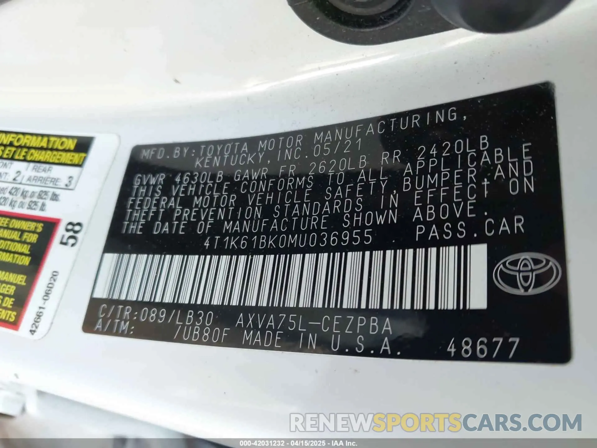 9 Photograph of a damaged car 4T1K61BK0MU036955 TOYOTA CAMRY 2021