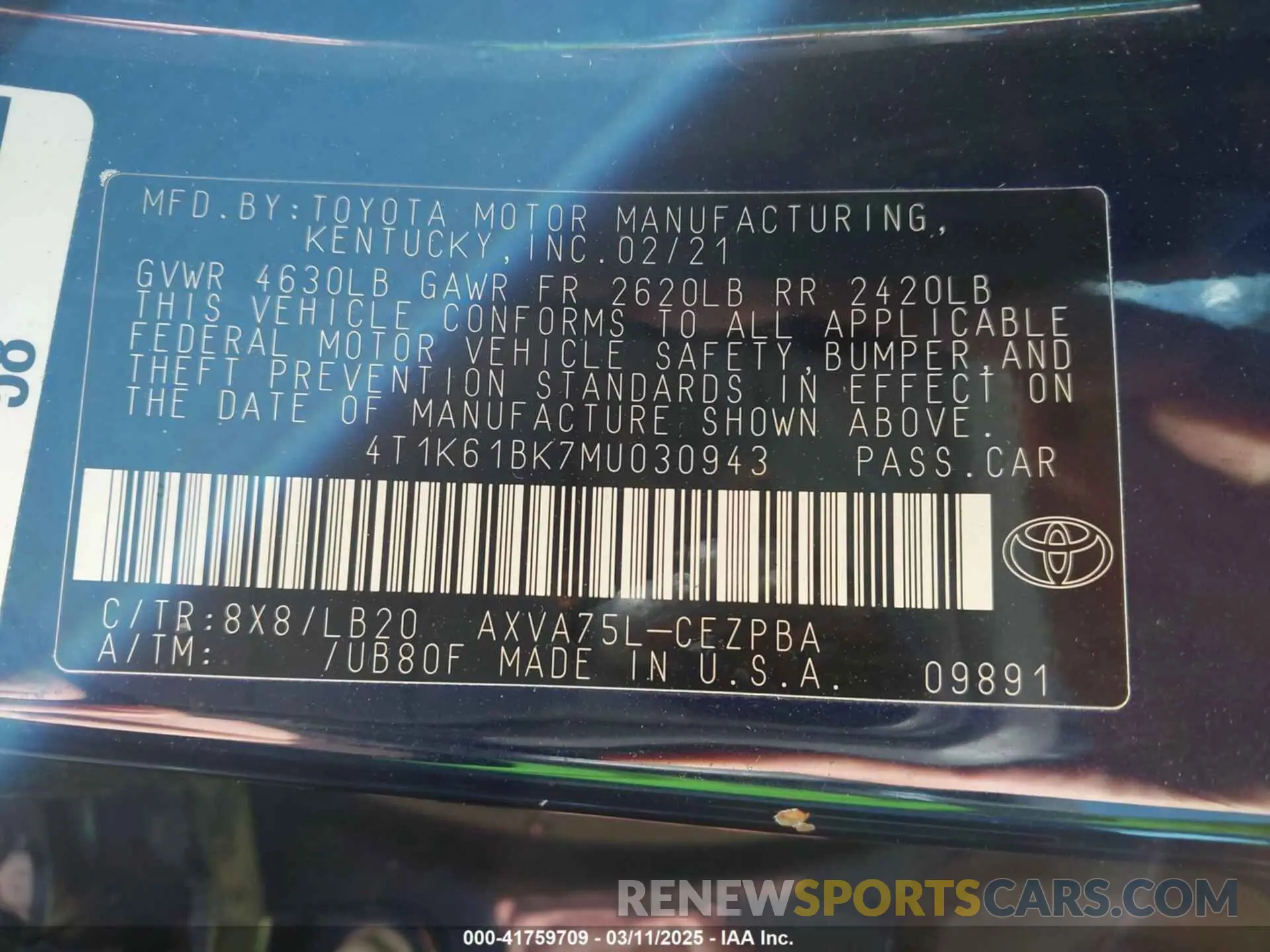 9 Photograph of a damaged car 4T1K61BK7MU030943 TOYOTA CAMRY 2021