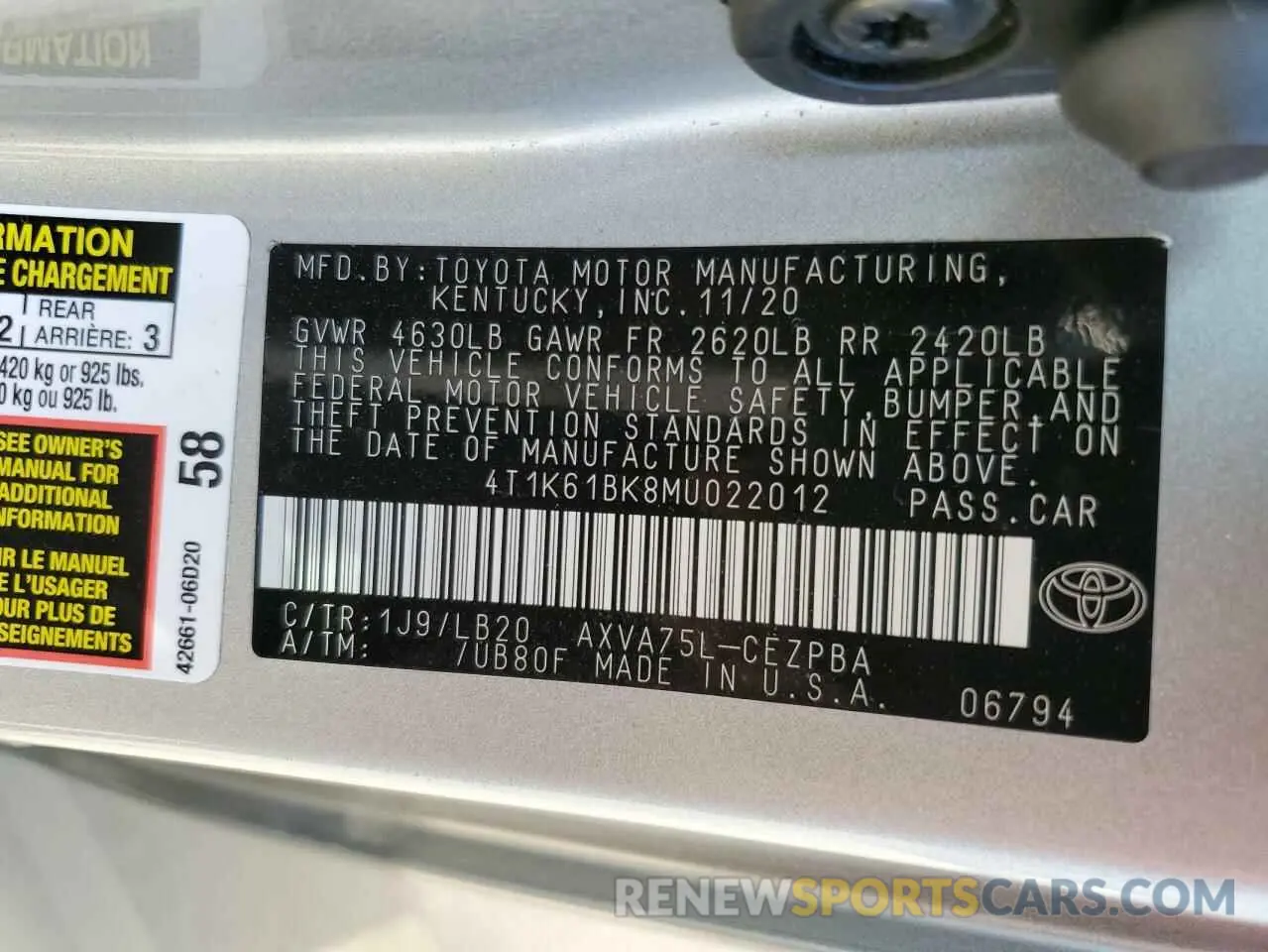 13 Photograph of a damaged car 4T1K61BK8MU022012 TOYOTA CAMRY 2021