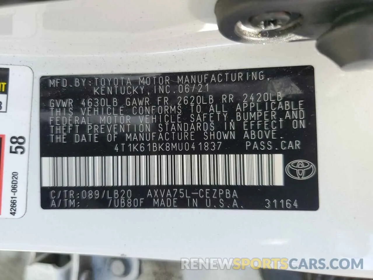 12 Photograph of a damaged car 4T1K61BK8MU041837 TOYOTA CAMRY 2021