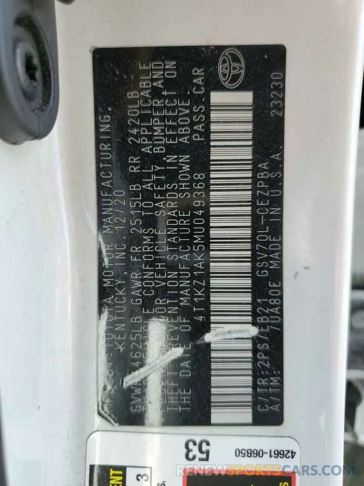 12 Photograph of a damaged car 4T1KZ1AK5MU049368 TOYOTA CAMRY 2021