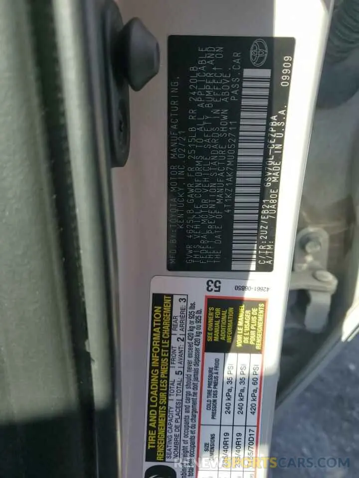 12 Photograph of a damaged car 4T1KZ1AK7MU052711 TOYOTA CAMRY 2021