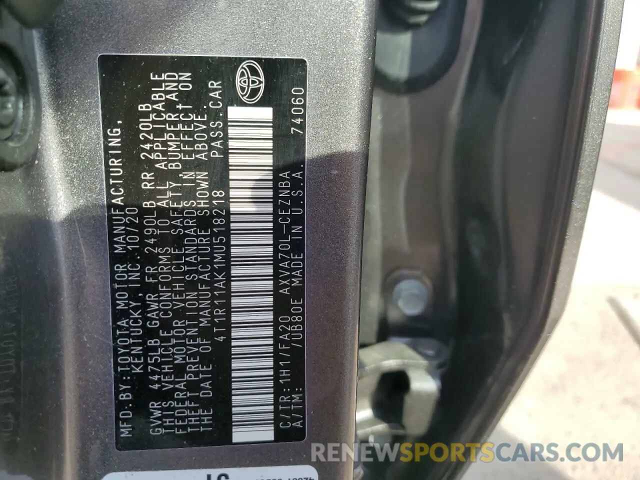 12 Photograph of a damaged car 4T1R11AK1MU518218 TOYOTA CAMRY 2021