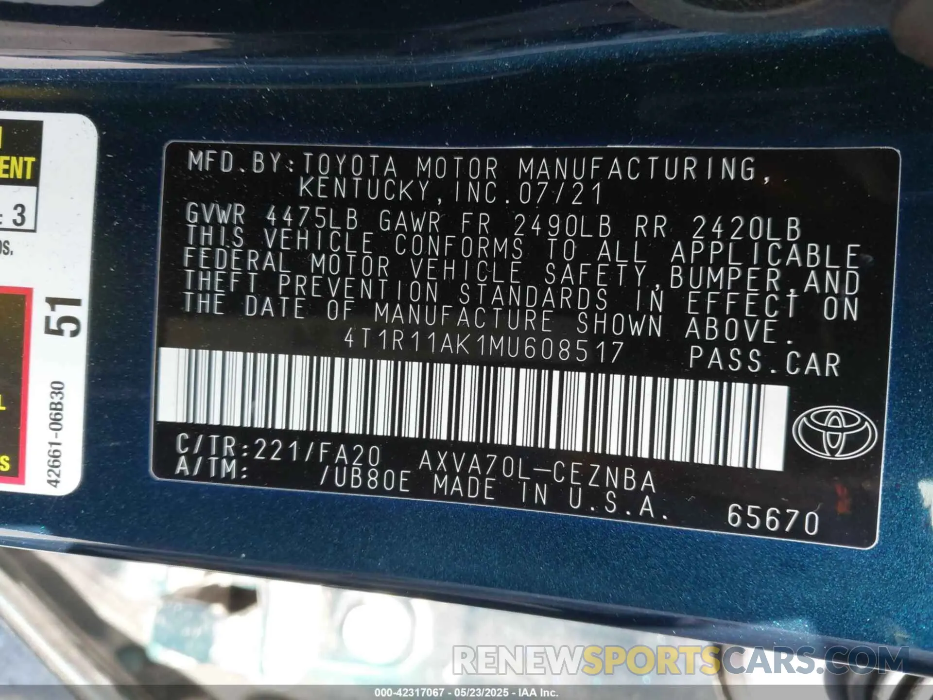 9 Photograph of a damaged car 4T1R11AK1MU608517 TOYOTA CAMRY 2021