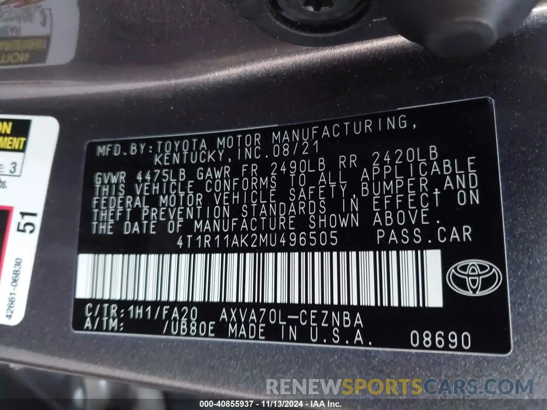 9 Photograph of a damaged car 4T1R11AK2MU496505 TOYOTA CAMRY 2021