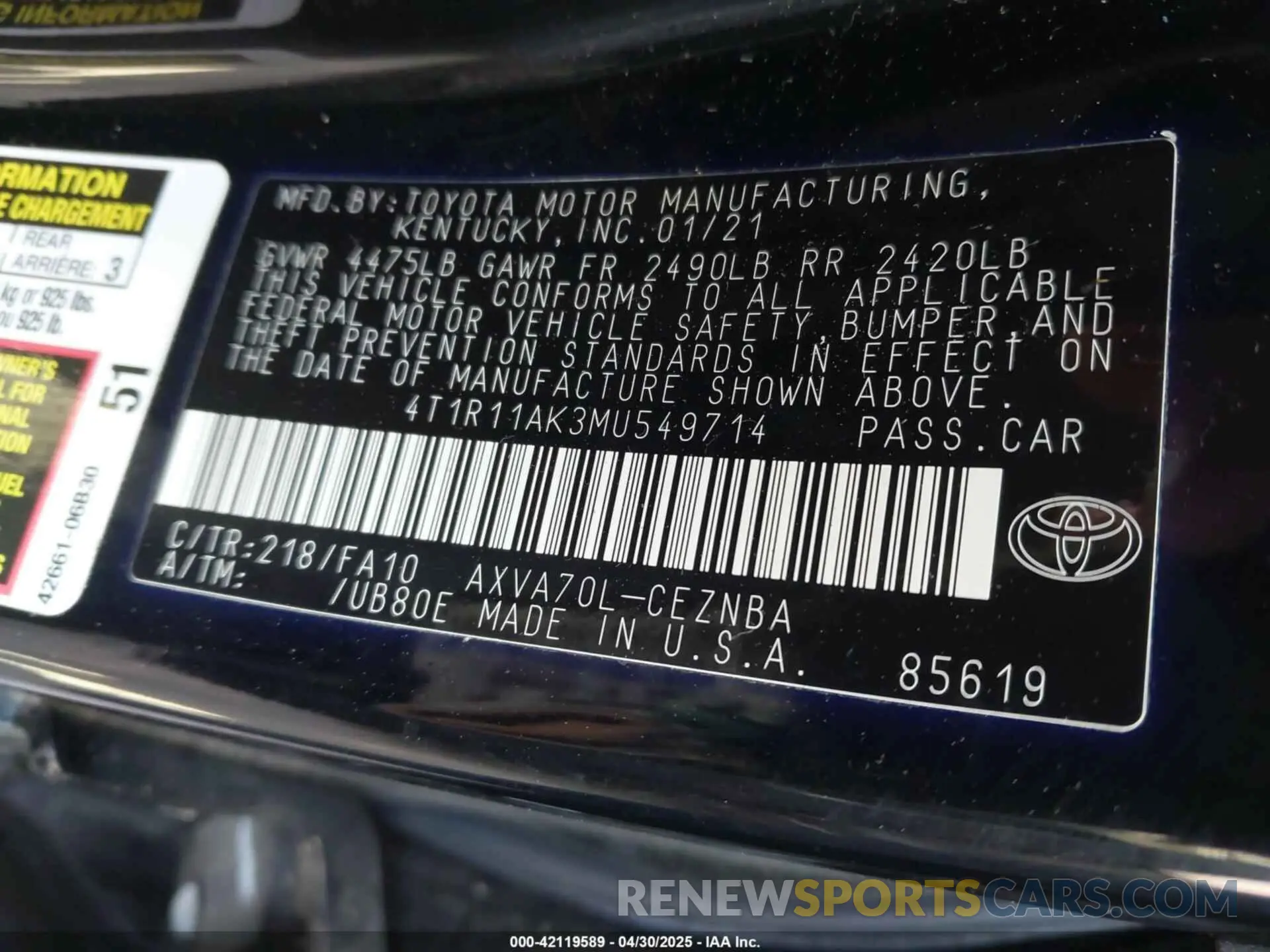 9 Photograph of a damaged car 4T1R11AK3MU549714 TOYOTA CAMRY 2021
