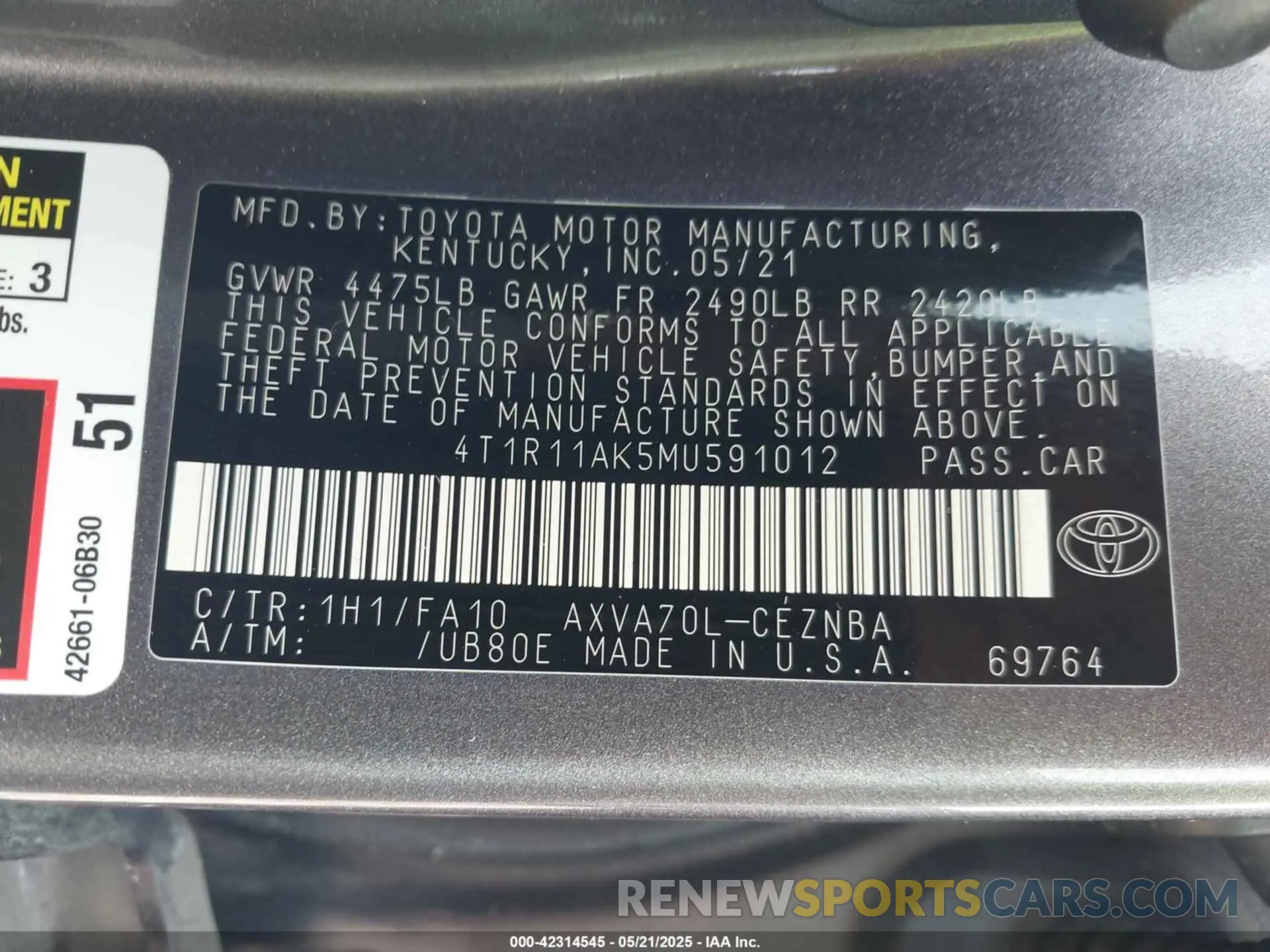 9 Photograph of a damaged car 4T1R11AK5MU591012 TOYOTA CAMRY 2021