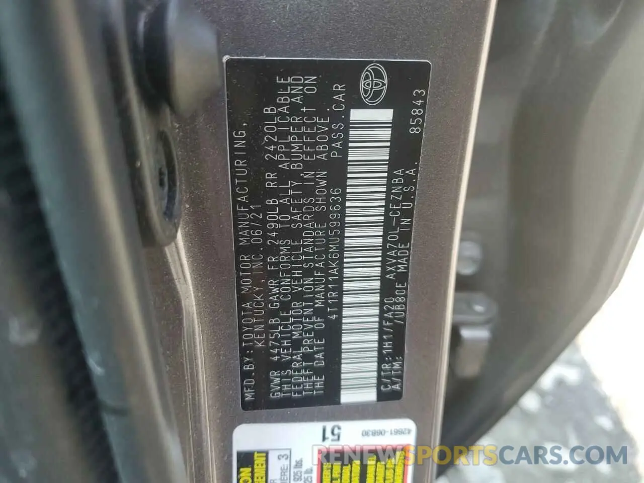 12 Photograph of a damaged car 4T1R11AK6MU599636 TOYOTA CAMRY 2021