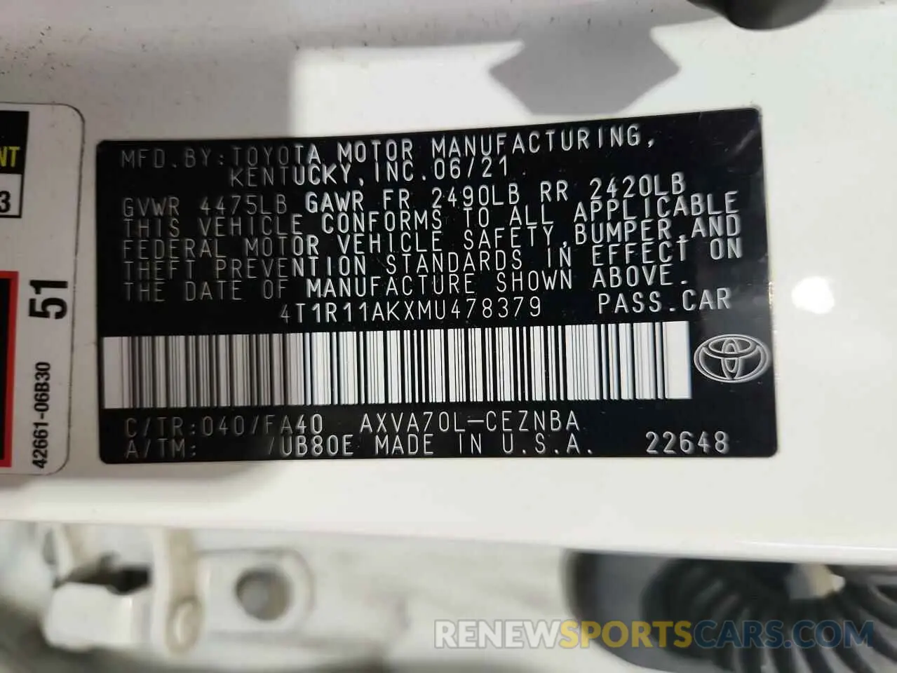 12 Photograph of a damaged car 4T1R11AKXMU478379 TOYOTA CAMRY 2021