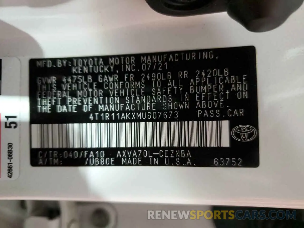 12 Photograph of a damaged car 4T1R11AKXMU607673 TOYOTA CAMRY 2021