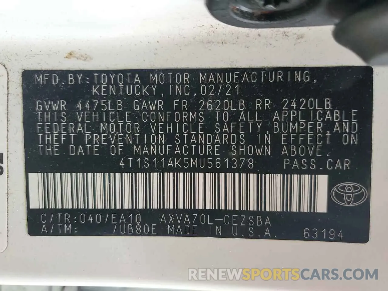 14 Photograph of a damaged car 4T1S11AK5MU561378 TOYOTA CAMRY 2021