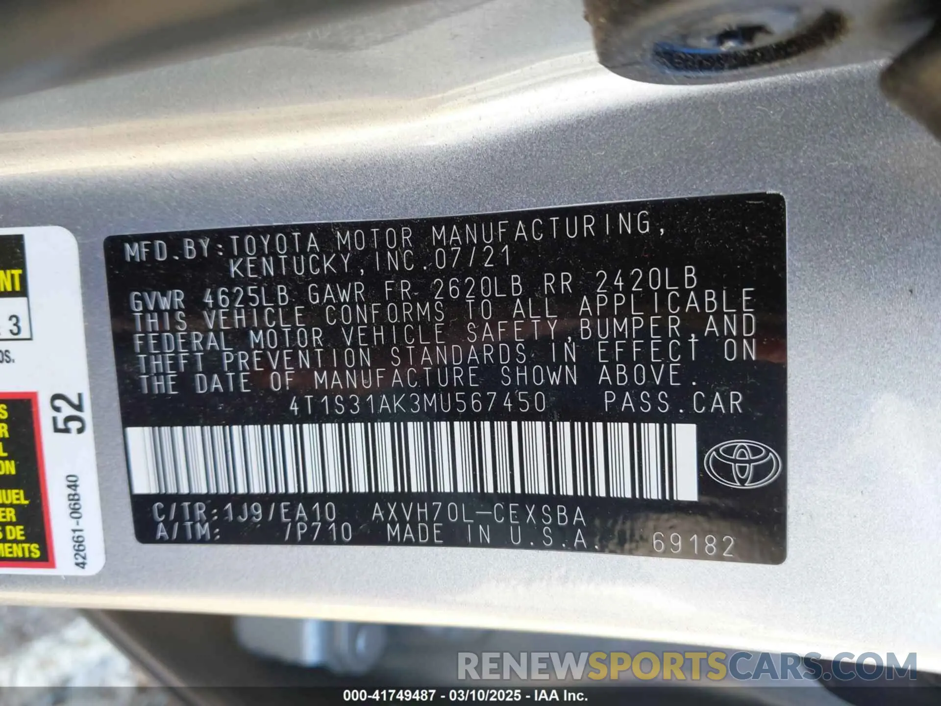 9 Photograph of a damaged car 4T1S31AK3MU567450 TOYOTA CAMRY 2021
