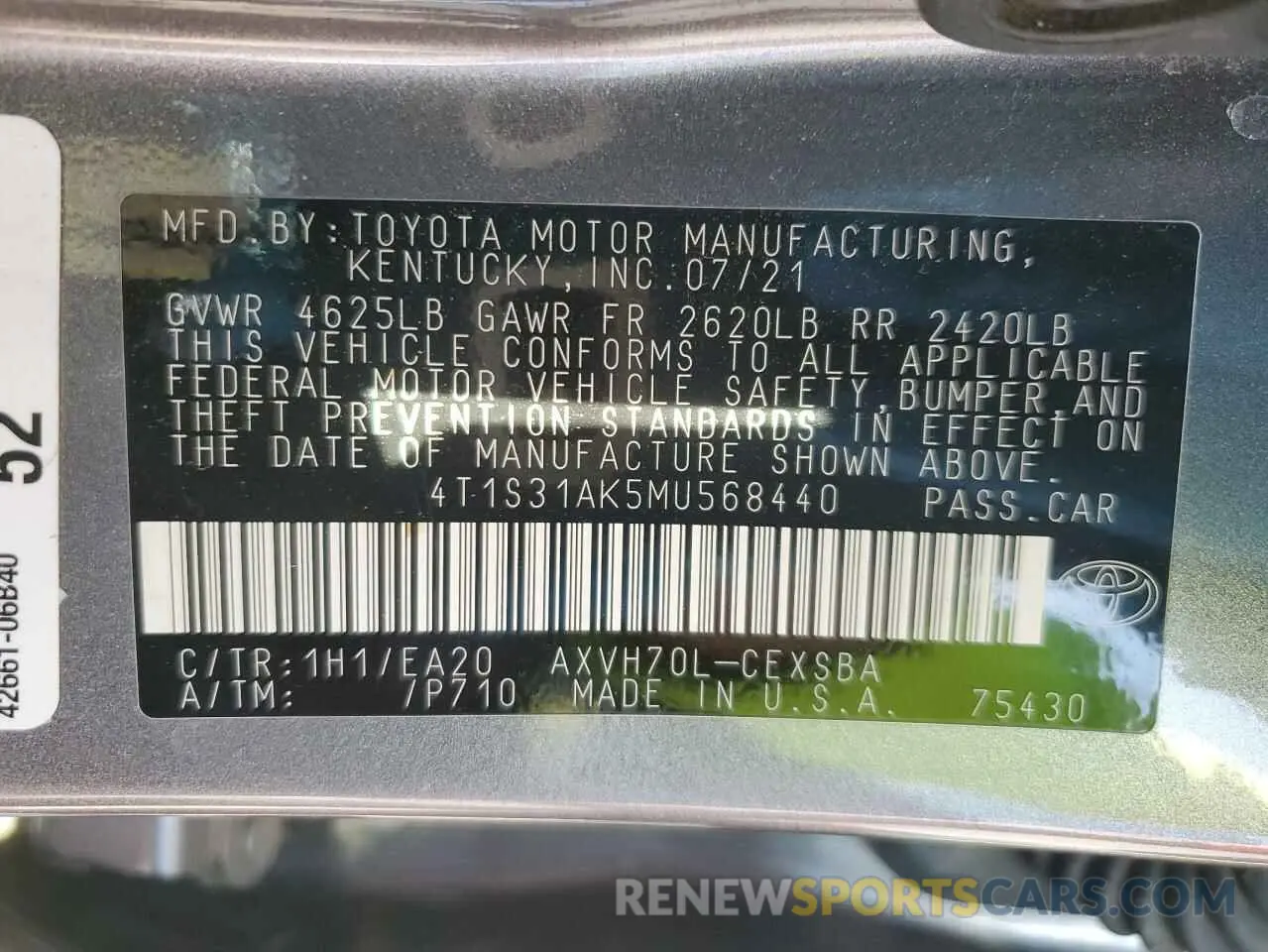 12 Photograph of a damaged car 4T1S31AK5MU568440 TOYOTA CAMRY 2021