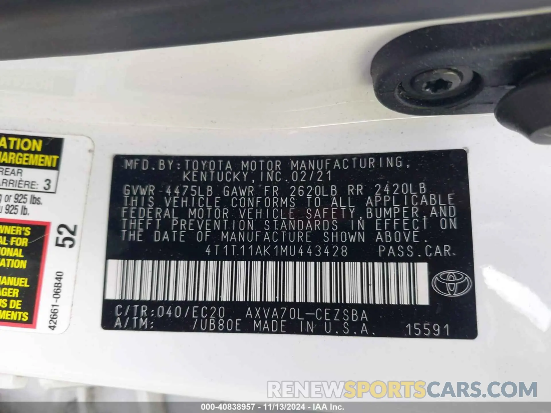 9 Photograph of a damaged car 4T1T11AK1MU443428 TOYOTA CAMRY 2021