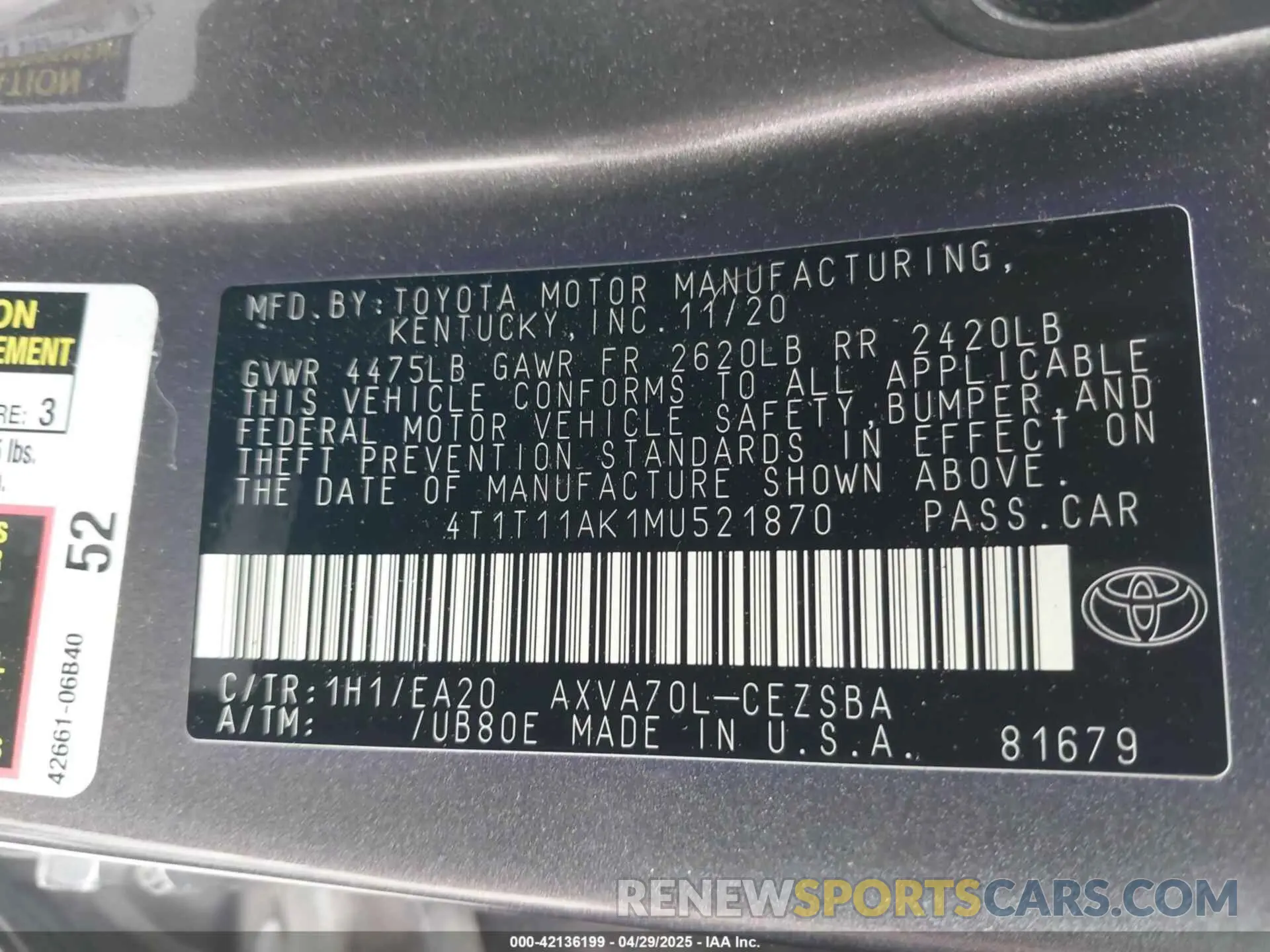 9 Photograph of a damaged car 4T1T11AK1MU521870 TOYOTA CAMRY 2021