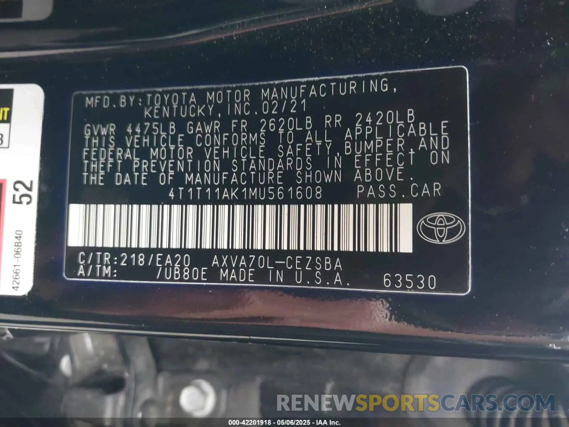 9 Photograph of a damaged car 4T1T11AK1MU561608 TOYOTA CAMRY 2021