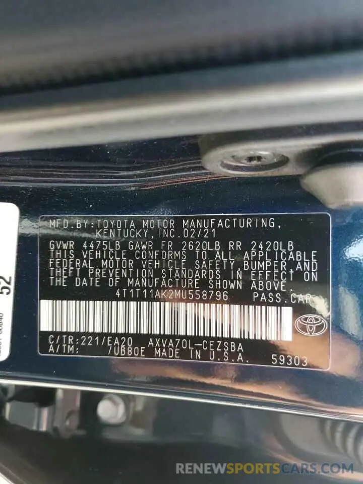 12 Photograph of a damaged car 4T1T11AK2MU558796 TOYOTA CAMRY 2021