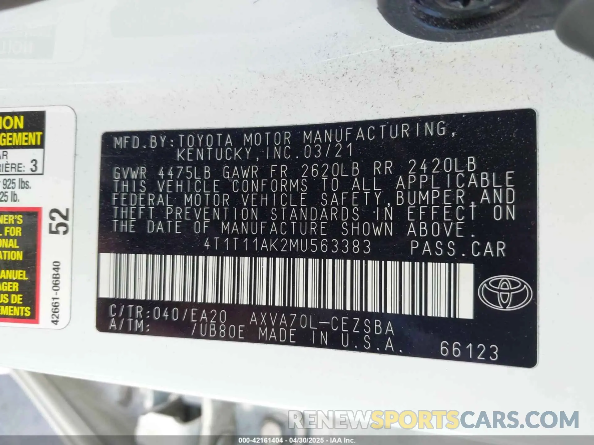 9 Photograph of a damaged car 4T1T11AK2MU563383 TOYOTA CAMRY 2021