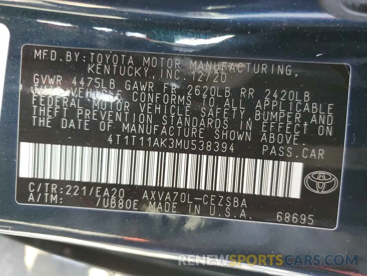 12 Photograph of a damaged car 4T1T11AK3MU538394 TOYOTA CAMRY 2021