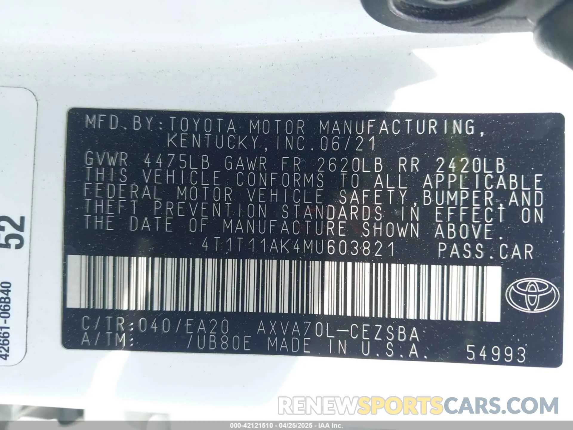9 Photograph of a damaged car 4T1T11AK4MU603821 TOYOTA CAMRY 2021