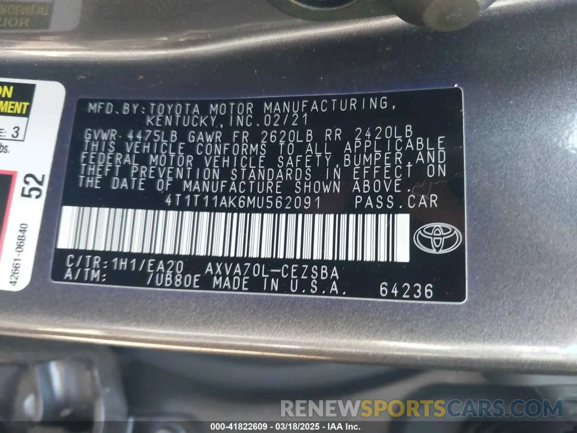 9 Photograph of a damaged car 4T1T11AK6MU562091 TOYOTA CAMRY 2021