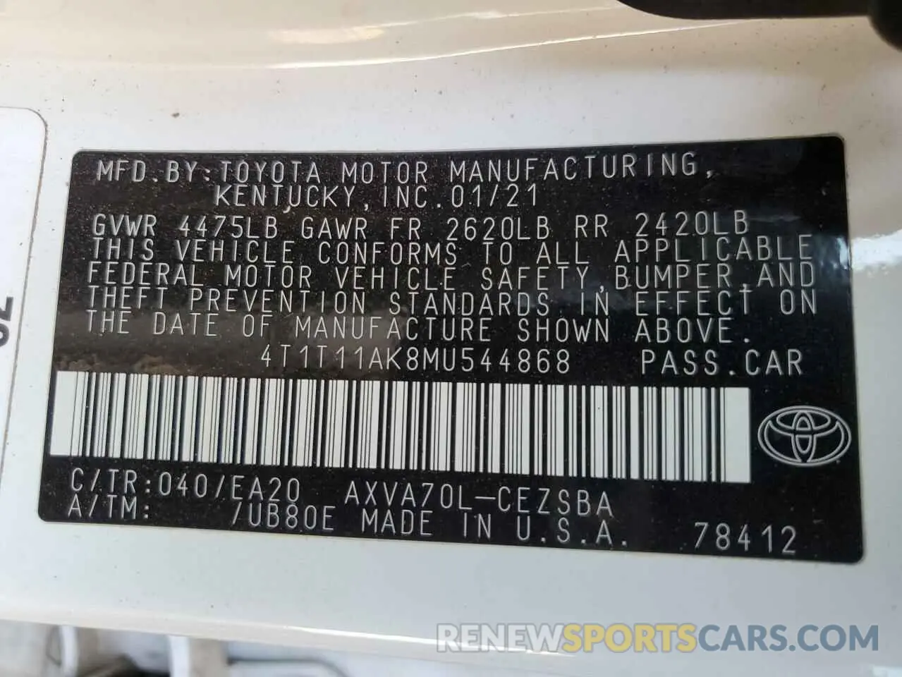 13 Photograph of a damaged car 4T1T11AK8MU544868 TOYOTA CAMRY 2021