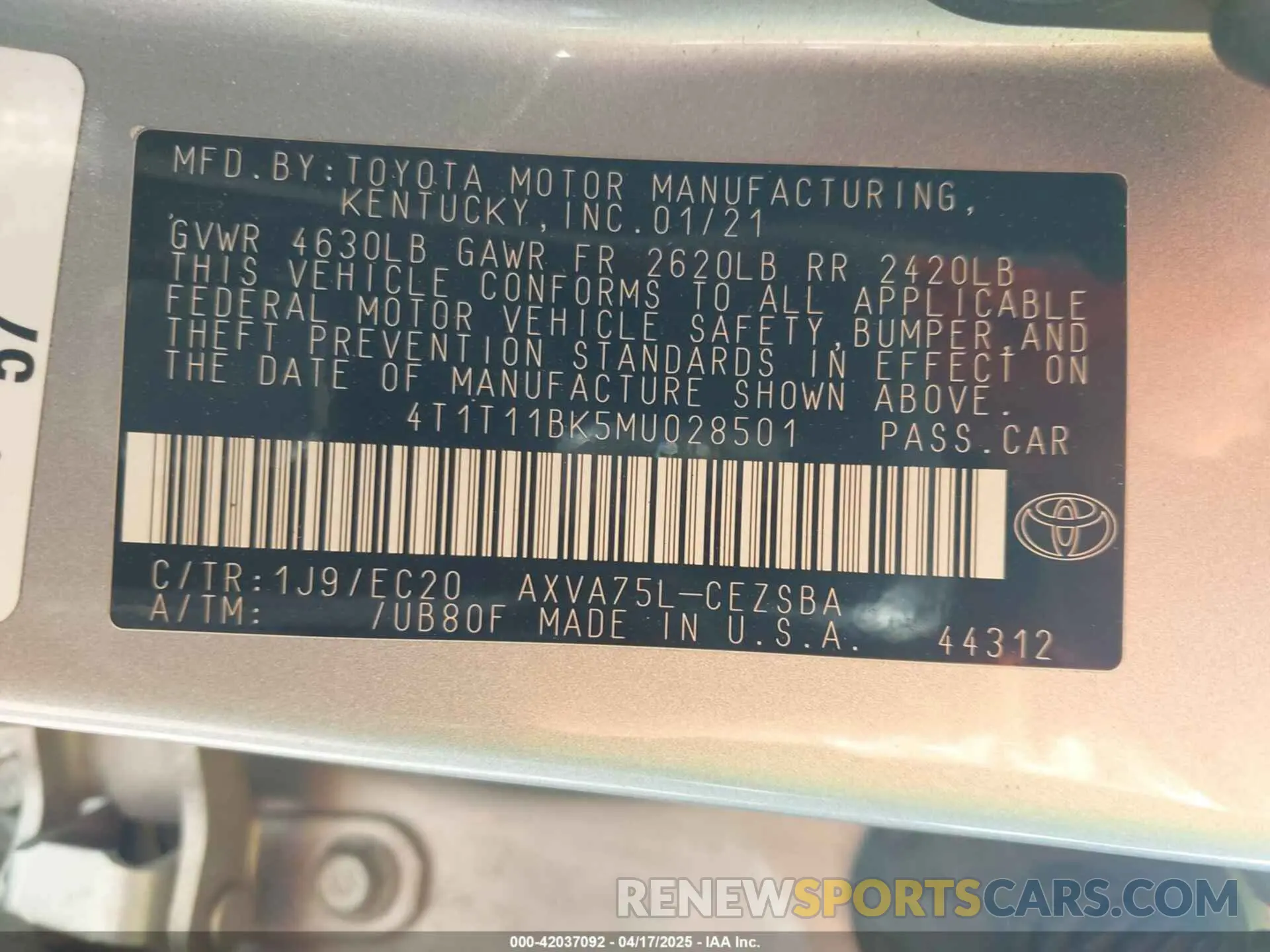 9 Photograph of a damaged car 4T1T11BK5MU028501 TOYOTA CAMRY 2021