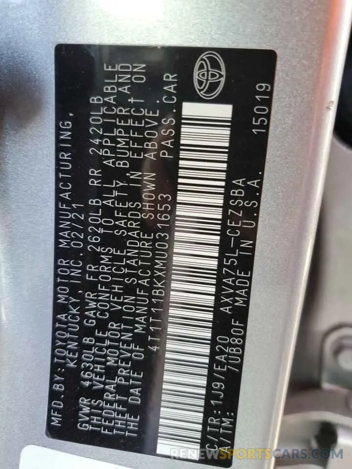 13 Photograph of a damaged car 4T1T11BKXMU031653 TOYOTA CAMRY 2021