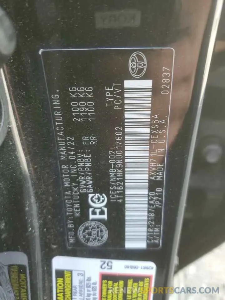 12 Photograph of a damaged car 4T1B21HK9NU017602 TOYOTA CAMRY 2022
