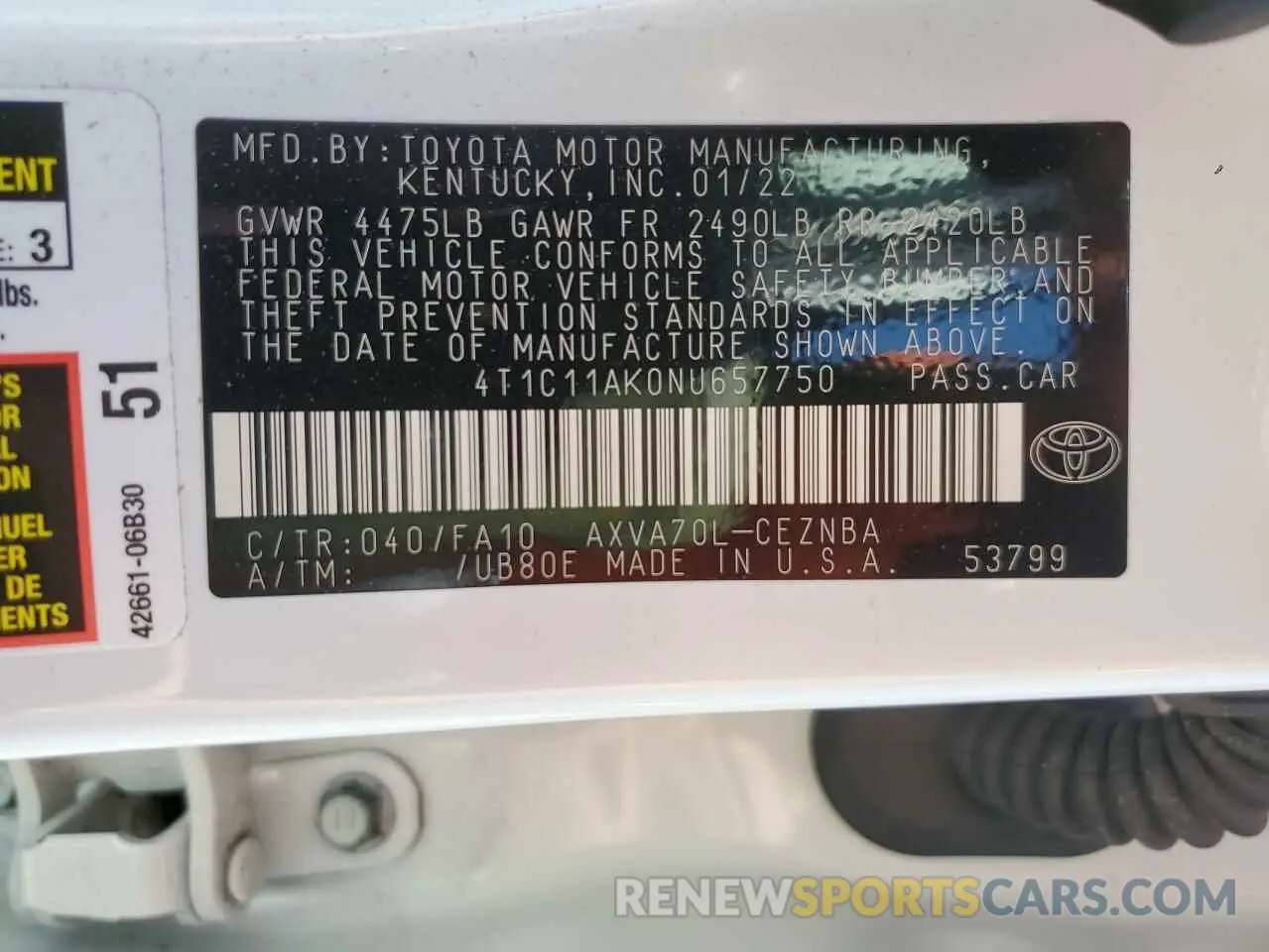 12 Photograph of a damaged car 4T1C11AK0NU657750 TOYOTA CAMRY 2022