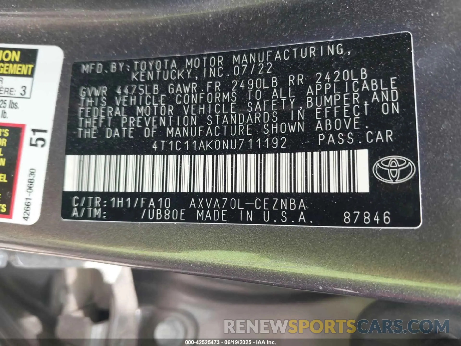 9 Photograph of a damaged car 4T1C11AK0NU711192 TOYOTA CAMRY 2022