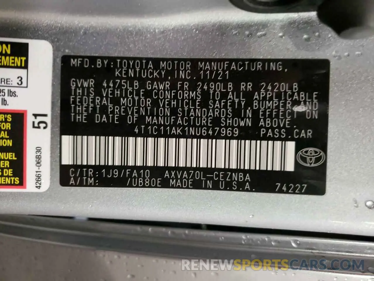 12 Photograph of a damaged car 4T1C11AK1NU647969 TOYOTA CAMRY 2022