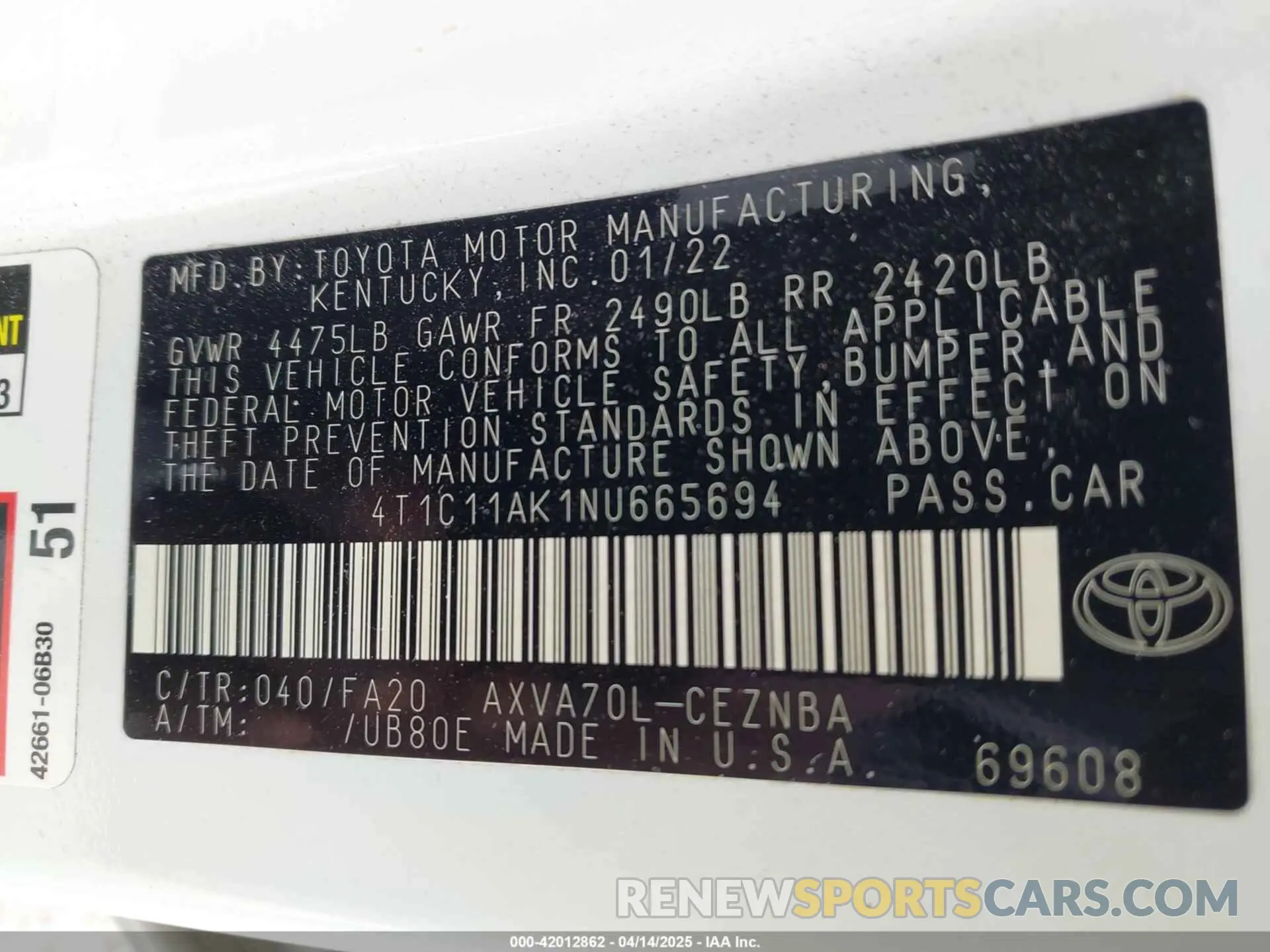 9 Photograph of a damaged car 4T1C11AK1NU665694 TOYOTA CAMRY 2022