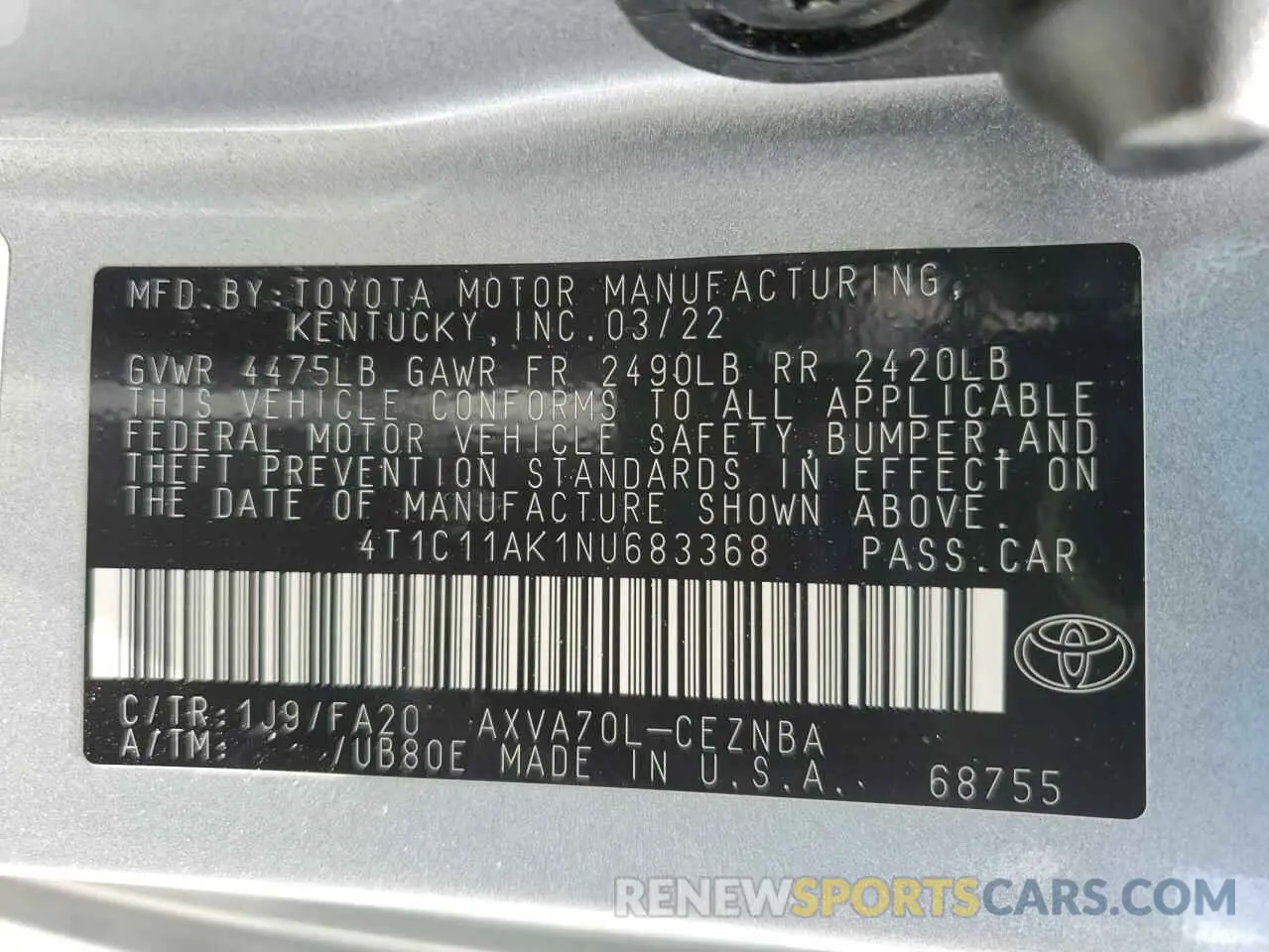 12 Photograph of a damaged car 4T1C11AK1NU683368 TOYOTA CAMRY 2022